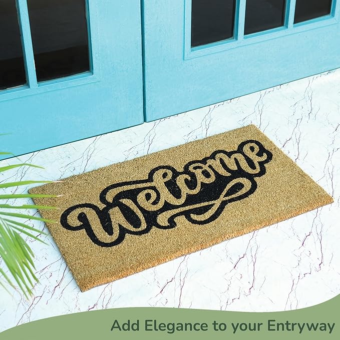 Coir Mats Welcome- 17X30" -Bratsy Script Outline -Beige/Black - India Wholesale Co.