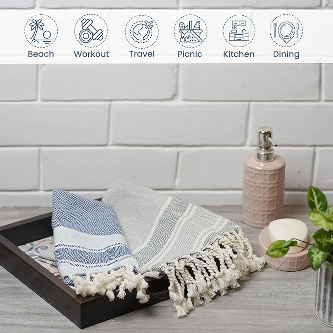 Set of 2 Diamond weave Waffle Stripe Turkish Towel with Twisted Tassels, 18" x 40", 100% Fresh cotton, Blue & Gray - India Wholesale Co.