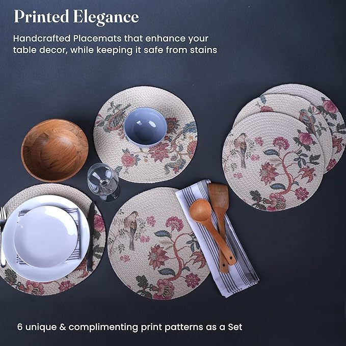 Multi Chintz Printed Braided Placemat Set of 6 - 3 different Prints- Recycle Cotton - India Wholesale Co.
