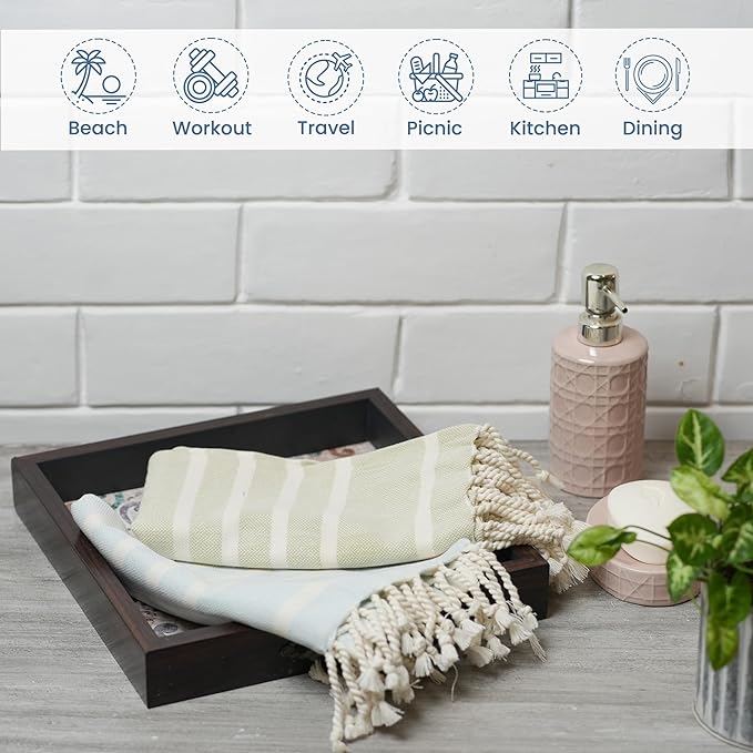 Set of 2 Herringbone Waffle Stripe Turkish Towel with Twisted Tassels, 18" x 40", 100% Fresh cotton, Green & Blue - India Wholesale Co.