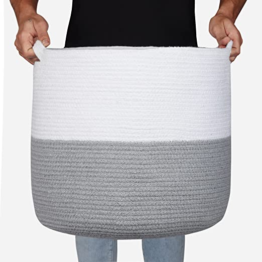 Cotton Basket without Lid White/Grey 15.8x15.8x13.8" - India Wholesale Co.