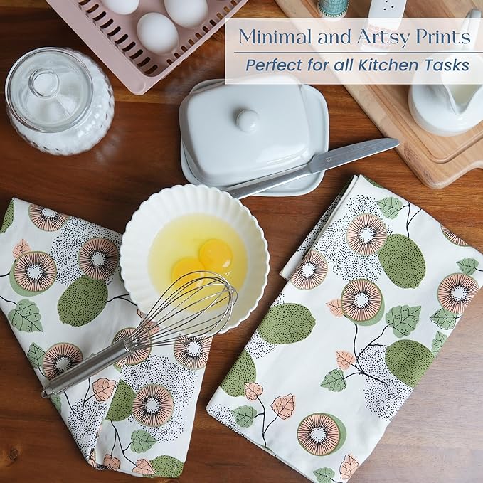 Set of 2 Kiwi Printed Kitchen Towel 18" x28", 100% Fresh cotton, Sage & Peach - India Wholesale Co.