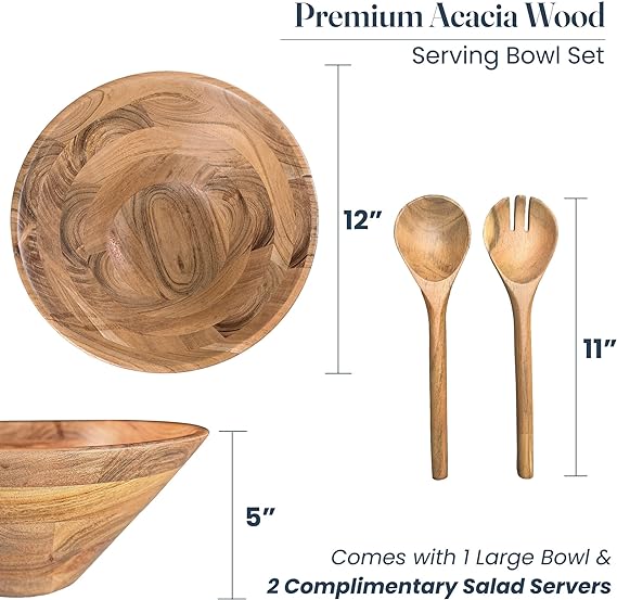 Bowl Plain Acacia with Servers 11" -12"x5" - Natural - India Wholesale Co.