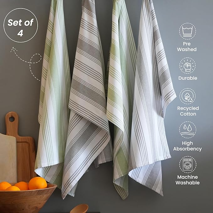 Set of 4 yarn Dyed Kitchen Towel, 18" x 28", Recycled Cotton, Gray & Green - India Wholesale Co.
