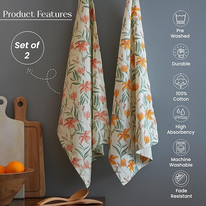 Set of 2 Pointed Floral Printed Kitchen Towel 18" x28", 100% Fresh cotton, Yellow & Mint - India Wholesale Co.