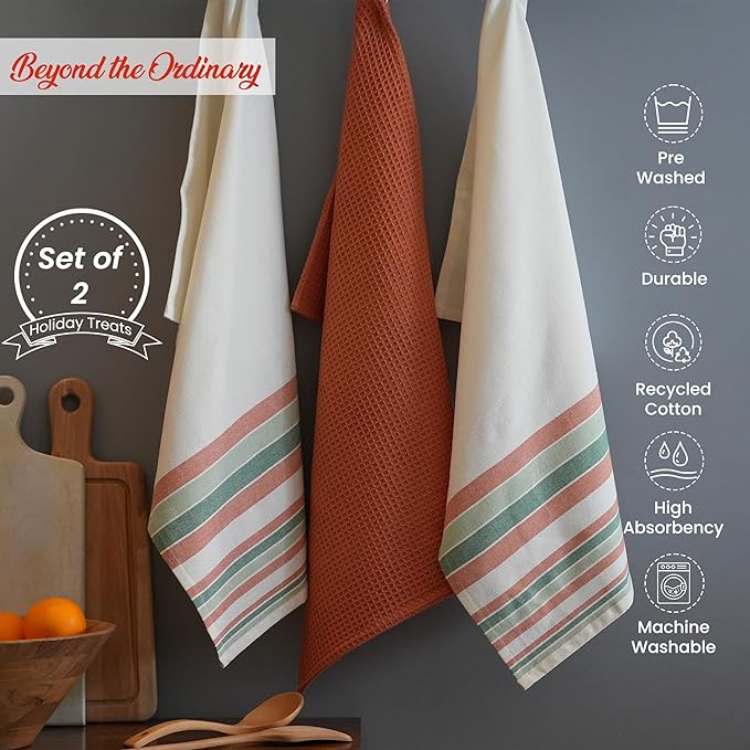 Set of 3 yarn Dyed with Waffle Kitchen Towel, 18" x 28",Recycled Cotton, Red & Green - India Wholesale Co.