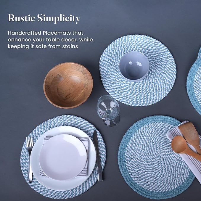 Melange Blue & White Braided Placemats set of 6 (3 pcs full melange+3 pcs with solid border) - Recycle Cotton - India Wholesale Co.