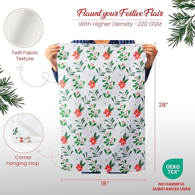 Set of 2 Xmas tree Printed Kitchen Towel 18" x28", 100% Fresh cotton, Olive Green & Red - India Wholesale Co.