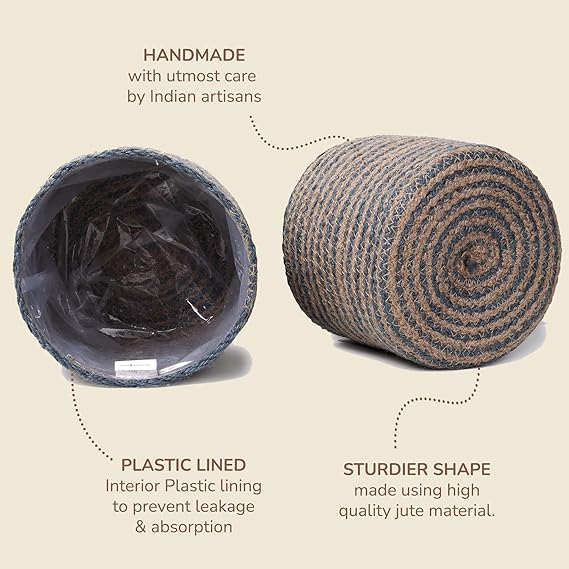 Jute Planters with Poly-Lining Set of 3 Teal Blue/Natural Jute 4.5x4.5x4" - India Wholesale Co.