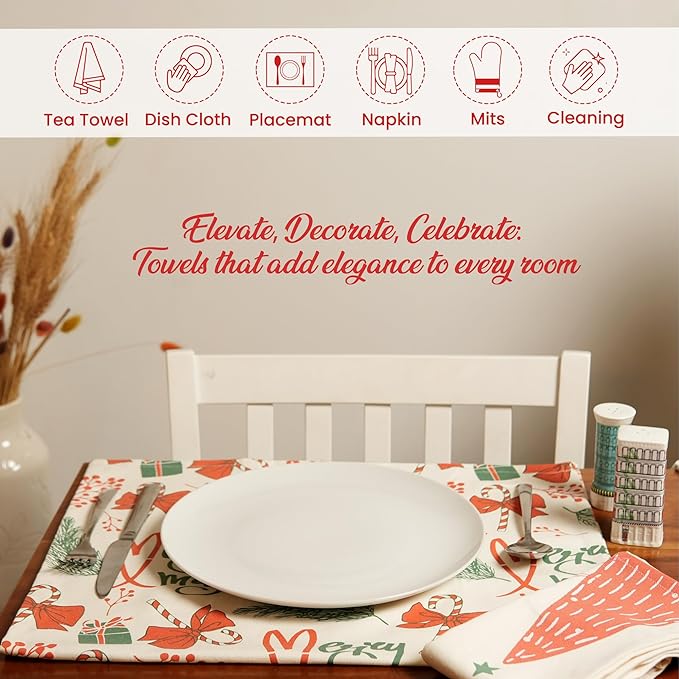 Set of 2 Merry Xmas Printed Kitchen Towel 18" x28", 100% Fresh cotton, Cherry Red & Green - India Wholesale Co.