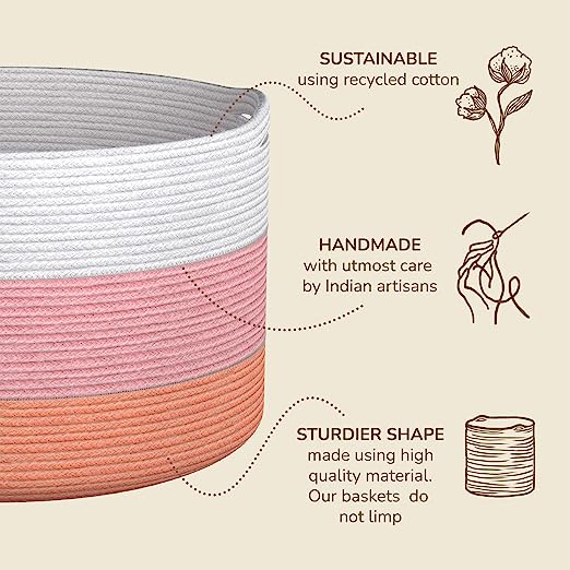 Cotton Basket without Lid Pink and White 21.7x21.7x13.8" - India Wholesale Co.