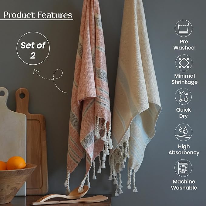 Set of 2 Diamond weave Waffle Stripe Turkish Towel with Twisted Tassels 18" x 40", 100% Fresh cotton, Beige & Red - India Wholesale Co.