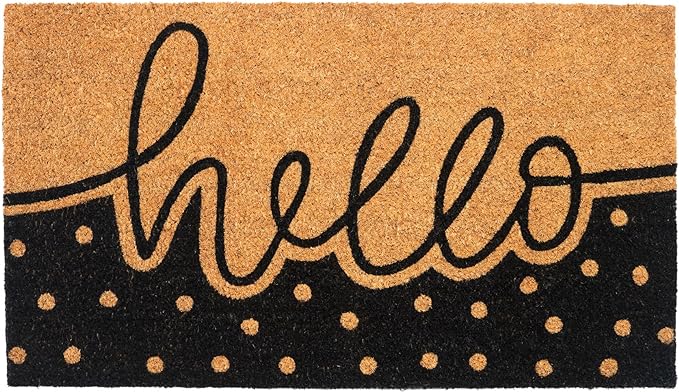 Coir Mats Hello with Dots Print - 17X30" - Beige/Black - India Wholesale Co.