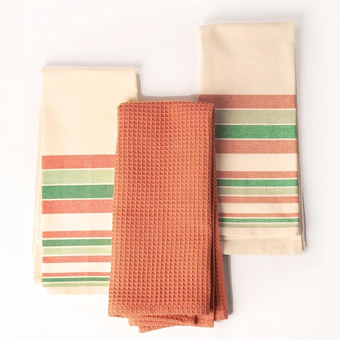 Set of 3 yarn Dyed with Waffle Kitchen Towel, 18" x 28",Recycled Cotton, Red & Green - India Wholesale Co.