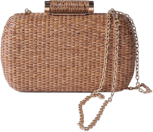 Handwoven Straw Clutch Purse with Chains, 7.5x5 inch