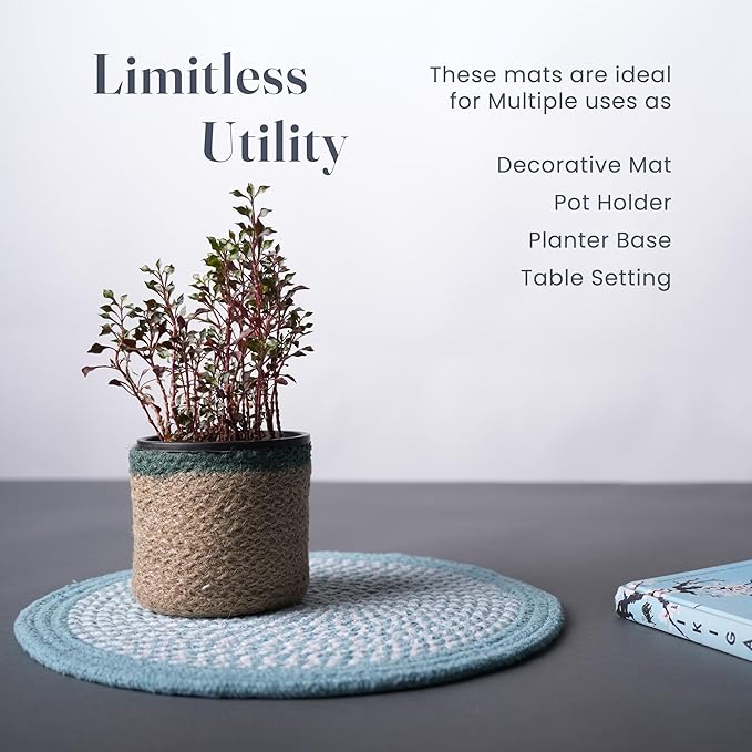 Melange Blue & White Braided Placemats set of 6 (3 pcs full melange+3 pcs with solid border) - Recycle Cotton - India Wholesale Co.