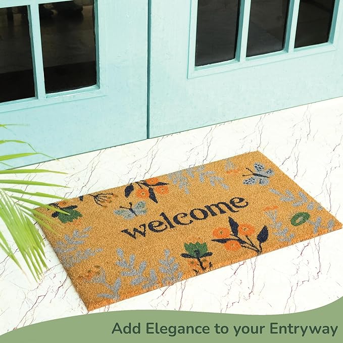Coir Mats Chelsea Welcome -17"X30" Multi Color (Light Blue, Green & Yellow) - India Wholesale Co.