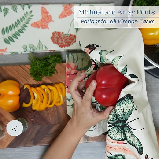 Set of 2 Butterfly Printed Kitchen Towel, 18" x28", 100% Fresh cotton, Red & Green - India Wholesale Co.