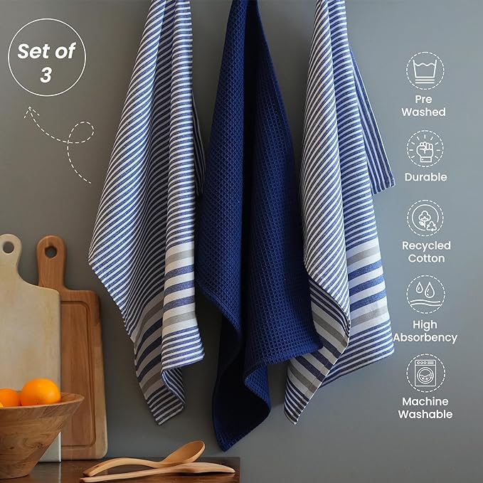 Set of 3 yarn Dyed with Waffle Kitchen Towel, 18" x 28", Recycled Cotton, Blue - India Wholesale Co.