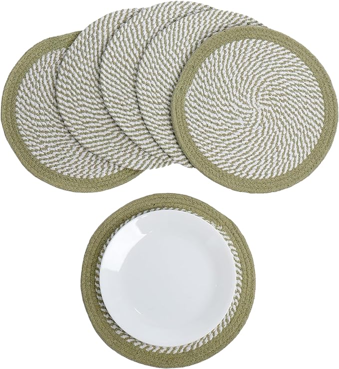 Melange Green & White Braided Placemat set of 6 (3 pcs full melange+3 pcs with solid border) - Recycle Cotton - India Wholesale Co.