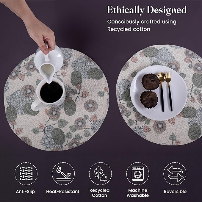 Green Printed Kiwi Braided Placemat Set of 6- Recycle Cotton - India Wholesale Co.