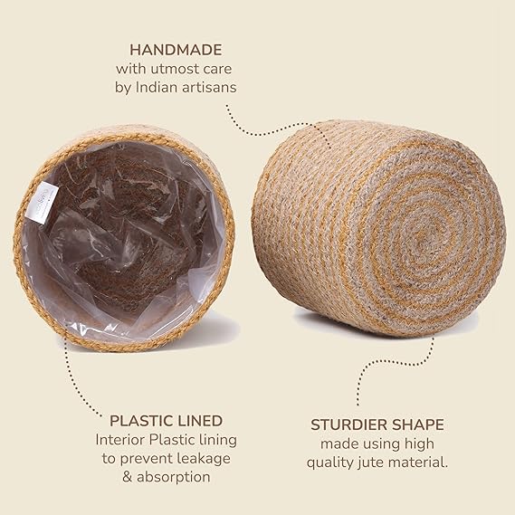Jute Planters with Poly-Lining Set of 2 Orange/Natural Jute 4.5x4.5x4" - India Wholesale Co.
