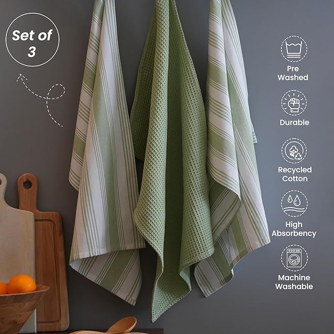 Set of 3 yarn Dyed with Waffle Kitchen Towel, 18" x 28", Recycled Cotton, Green - India Wholesale Co.
