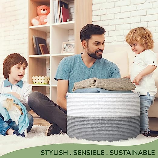 Cotton Basket without Lid White/Grey 21.7x21.7x13.8" - India Wholesale Co.