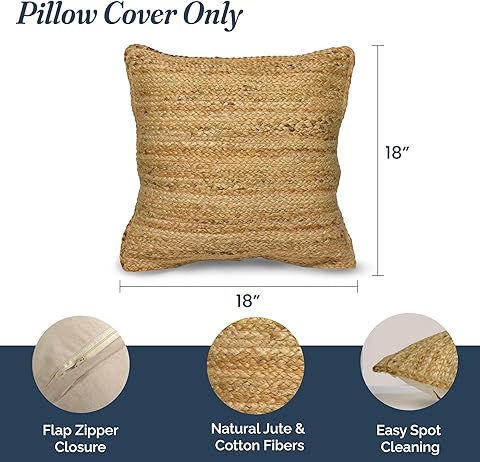 Jute Braided Decorative Pillow Cover, 18 x 18 inch, Natural - India Wholesale Co.