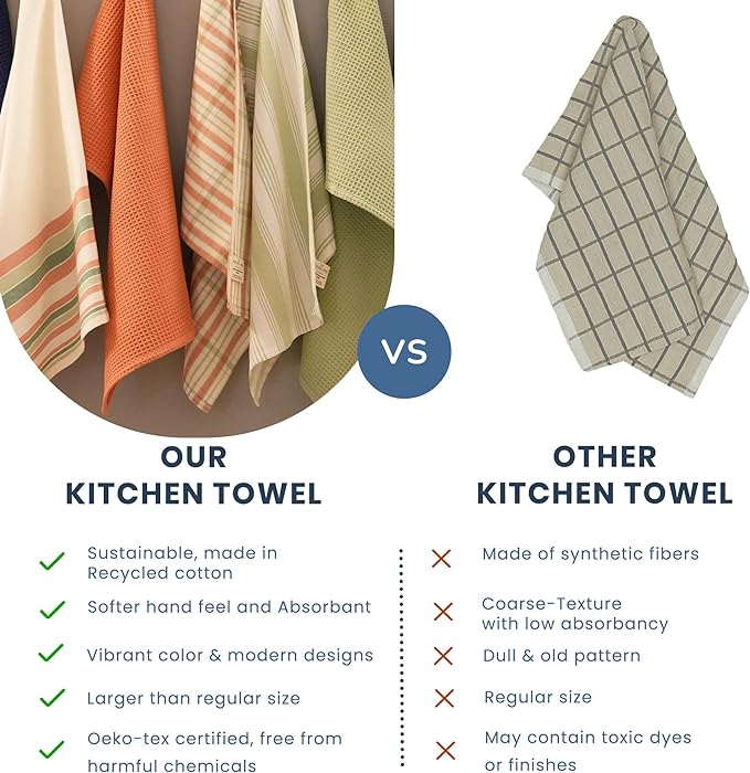 Set of 4 yarn Dyed Kitchen Towel, 18" x 28", Recycled Cotton, Gray & Green - India Wholesale Co.