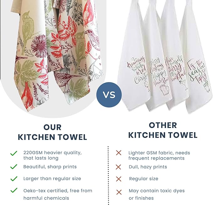 Set of 2 Hello Bird Printed Kitchen Towel 18" x28" , 100% Fresh cotton, Red & Light Green - India Wholesale Co.