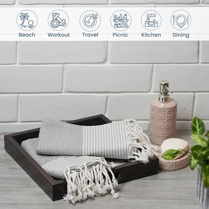 Set of 2 Waffle Stripe Turkish Towel with Twisted Tassels 18" x 40", 100% Fresh cotton, Gray - India Wholesale Co.