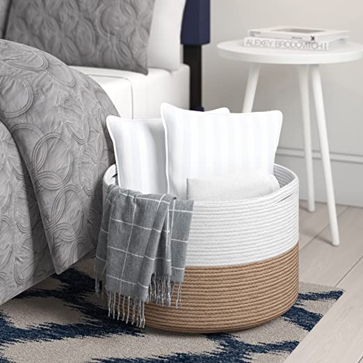 Cotton Basket without Lid White/Beige 21.7x21.7x13.8" - India Wholesale Co.