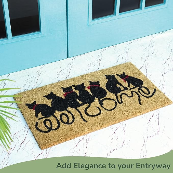 Coir Mats Animals Welcome Cats Print- 17X30" Beige/Black - India Wholesale Co.