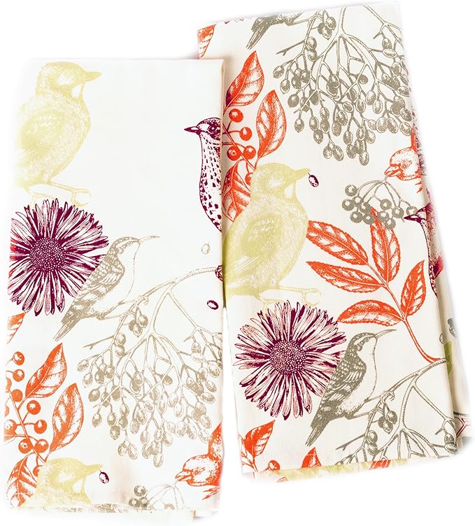 Set of 2 Hello Bird Printed Kitchen Towel 18" x28" , 100% Fresh cotton, Red & Light Green - India Wholesale Co.