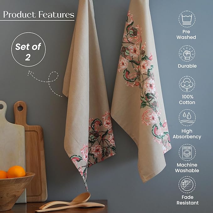 Set of 2 Baroque Ornamental Printed Kitchen Towel 18" x28", 100% Fresh cotton, Floral Beige - India Wholesale Co.