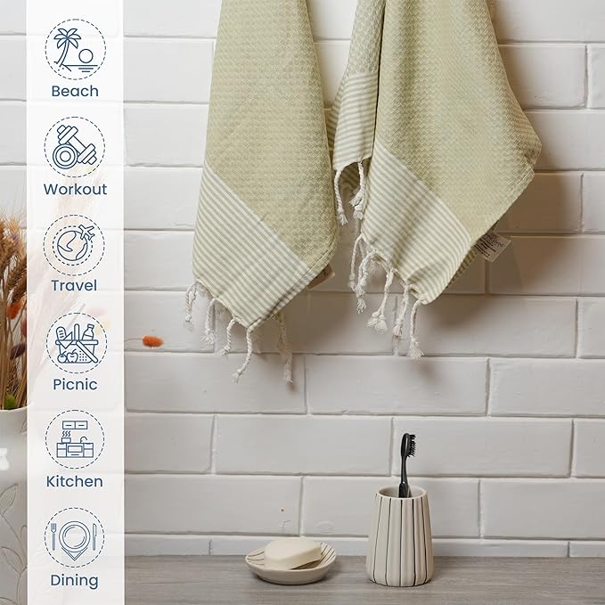 Set of 2 Waffle Stripe Turkish Towel with Twisted Tassels 18" x 40", 100% Fresh cotton, Sage Green - India Wholesale Co.