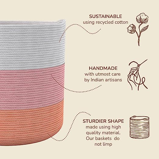 Cotton Basket without Lid Pink and White 15.8x15.8x13.8" - India Wholesale Co.