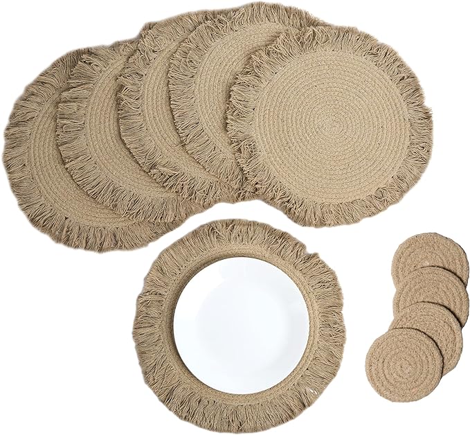 Beige Braided Solid Placemat with fringes-set of 6 (13" + with 2" fringes) +6 Coasters (4")- Recycle Cotton - India Wholesale Co.