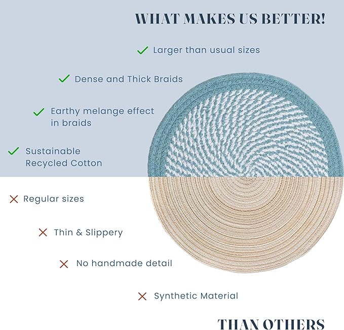 Melange Blue & White Braided Placemats set of 6 (3 pcs full melange+3 pcs with solid border) - Recycle Cotton - India Wholesale Co.