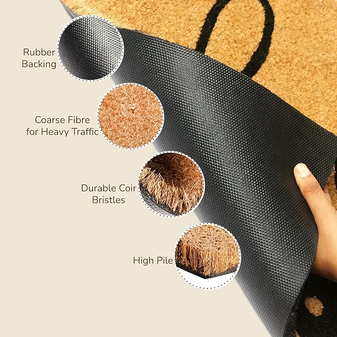 Coir Mats Hello with Dots Print - 17X30" - Beige/Black - India Wholesale Co.
