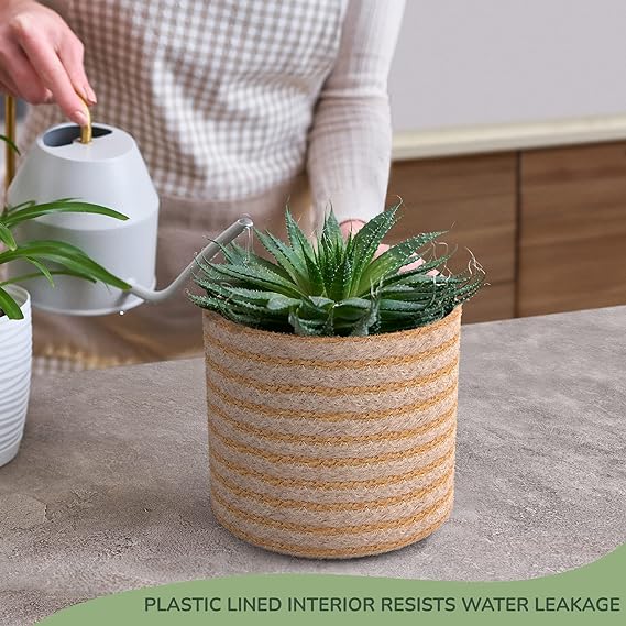 Jute Planters with Poly-Lining Set of 2 Orange/Natural Jute 4.5x4.5x4" - India Wholesale Co.
