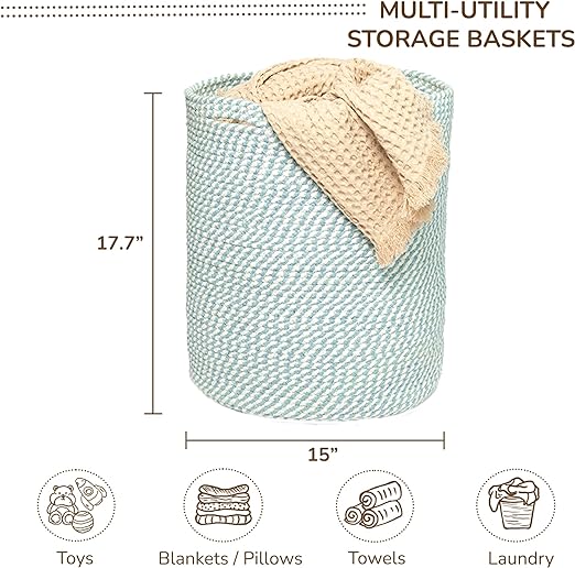 Cotton Basket, Cotton, 15x15x17.7, Blue & White- Melange - India Wholesale Co.