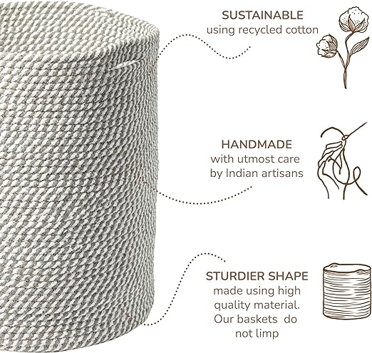 Cotton Basket, Cotton, 15x15x17.7, White & Gray- Melange - India Wholesale Co.