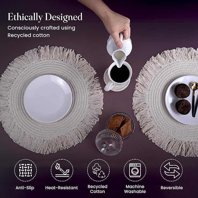 Ivory Braided Solid Placemat with fringes set of 4 (13" + with 2" fringes) +4 Coasters (4")- Recycle Cotton - India Wholesale Co.