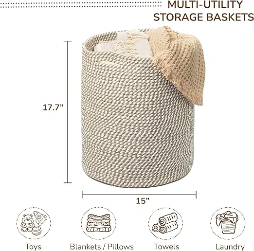 Cotton Basket, Cotton, 15x15x17.7, White & Gray- Melange - India Wholesale Co.