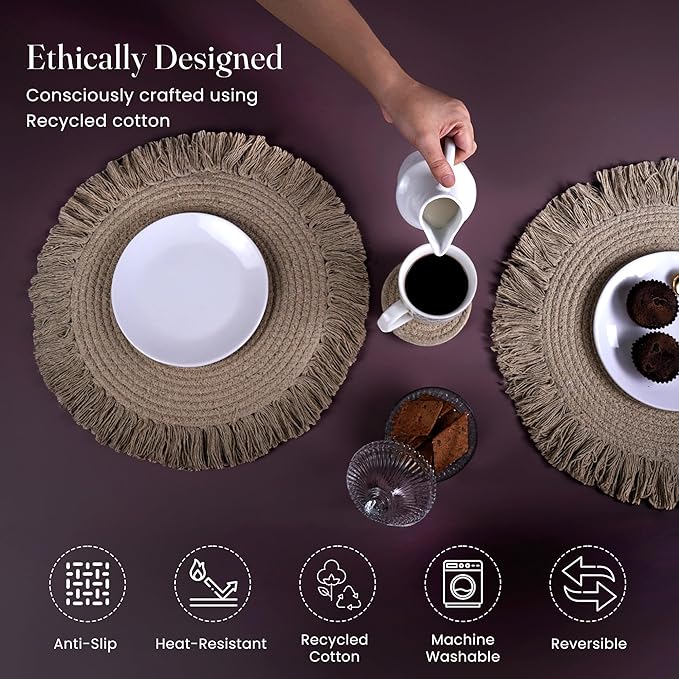 Beige Braided Solid Placemat with fringes set of 4 (13" + with 2" fringes) +4 Coasters (4")- Recycle Cotton - India Wholesale Co.