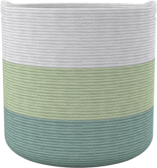 Cotton Basket without Lid Green and White 15.8x15.8x13.8" - India Wholesale Co.