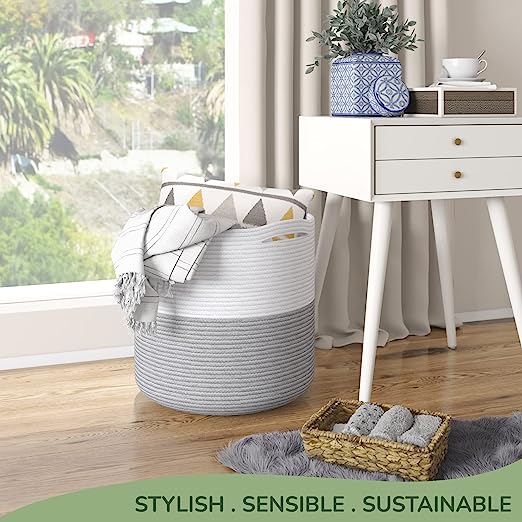 Cotton Basket without Lid White/Grey 15.8x15.8x13.8" - India Wholesale Co.