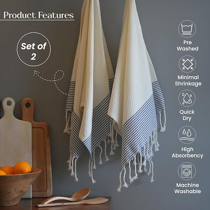 Set of 2 Waffle Stripe Turkish Towel with Twisted Tassels 18" x 40", 100% Fresh cotton, White & Blue - India Wholesale Co.